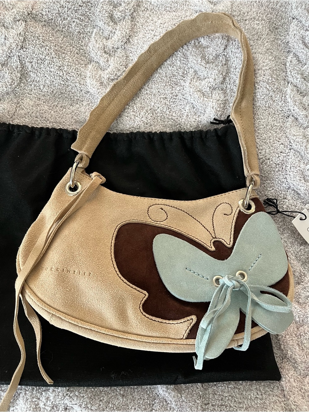Suede Butterfly Accent Shoulder Bag - Beige, Brown & Light Blue